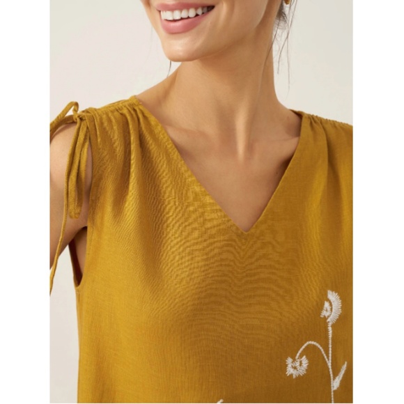 100% Linen Smocked Shoulder Embroidered Maxi Dress BELINE - Picture 7 of 11